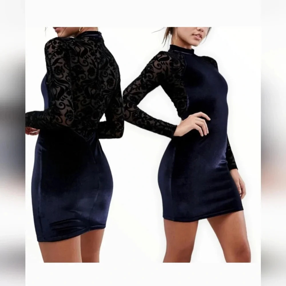 NWT Women's Blue Velvet Black Lace Asos Dress Sz 6